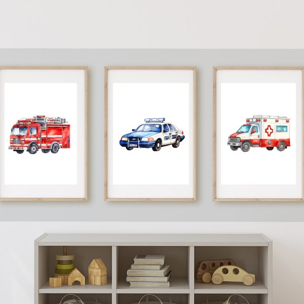 fire truck, police car, ambulance first responders rescue team room decor, wall art, 11x14, set of 3, customizable