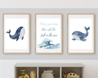 I love you more than all the fish in the sea, whale, beach baby wall art, nursery sign, coastal, nautical, nursery decor,  11x14 print,