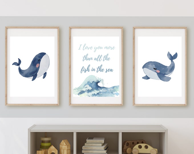 I love you more than all the fish in the sea, whale, beach baby wall art, nursery sign, coastal, nautical, nursery decor,  11x14 print,