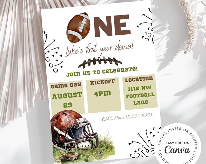 First year down football first birthday invitation, first birthday party, football theme, boy birthday, touch down, kickoff,  customizable