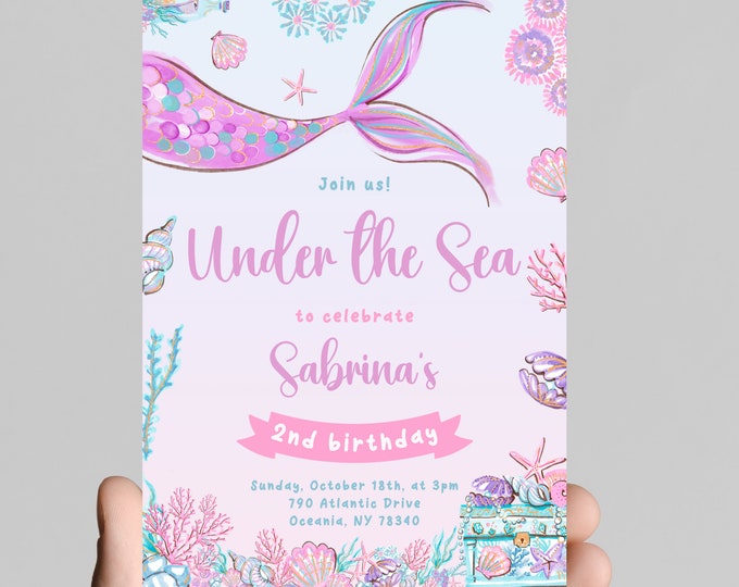 Mermaid and seashells theme girl birthday party invitation, sea shells, little mermaid tails, treasure, starfish, watercolor,age is editable