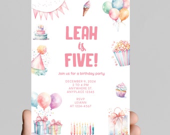 Pastel rainbow birthday invitation, watercolor, little girl birthday party, age customizable