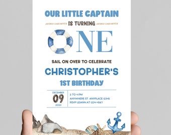 Sail on over and have some fun, Grant is turning ONE! invitation, nautical theme, sailboat, ocean, beach, anchors, baby boy