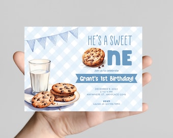 sweet one! Milk and cookies theme 1st birthday invitation, bakery sweets themed invitation for little one, chocolate chip cookies, printable