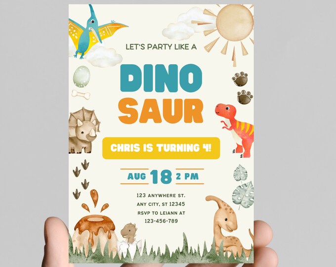 Stop Chomp Roar! Party like a dinosaur birthday party invitation, colorful baby dinos, 5x7in, customizable digital download