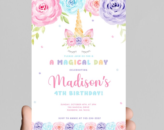 Rainbow Unicorn magical day girl’s 4th birthday invitation, watercolor, sparkle, girl birthday party, digital, edit any age and print