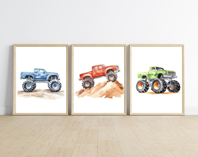 monster truck room decor, wall art, digital download, 11x14, set of 3 prints included, customizable, frame not included