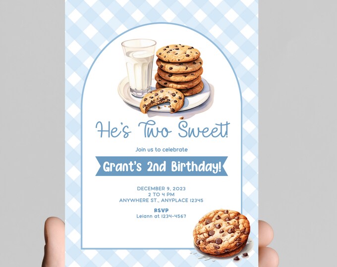 Two sweet! Milk and cookies theme 2nd birthday invitation, bakery sweets themed invitation for little one, chocolate chip cookies, printable