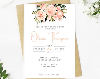 Floral Bridal Shower Invitation, Peachy Greenery, Minimalist (Instant Download)