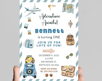Vintage World Travel 1st Birthday Invitation (Digital)