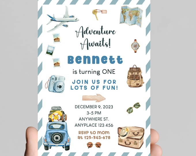 ONE-derful adventure, vintage world travel theme 1st birthday party invitation, wonderful world, boy first birthday, printable, digital