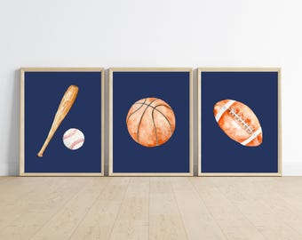 Sports Balls Nursery Decor, Baseball, Football, Basketball Prints (Set of 3) (Digital Download)