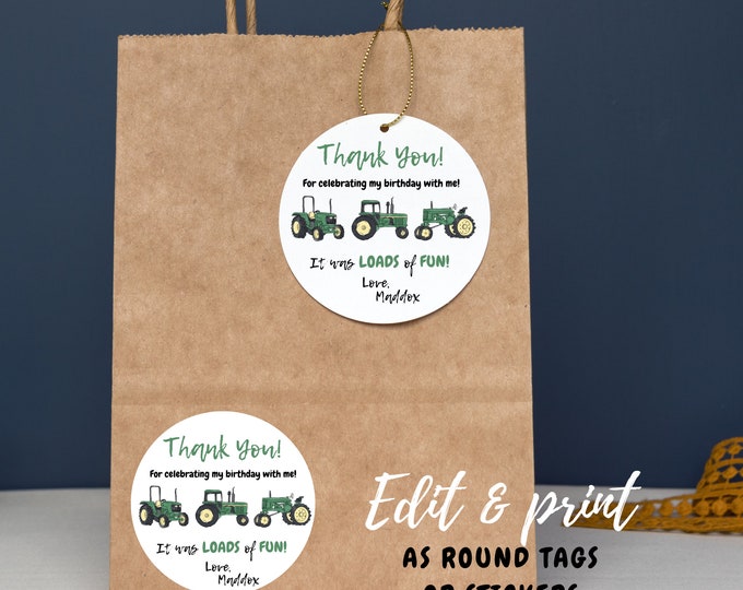 Tractor theme round party favor tags or stickers, thank you for celebrating the birthday boy, it was loads of fun!