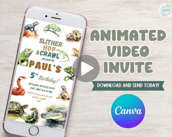 Slither, hop, and crawl on over reptile theme birthday party video phone invitation, snakes, lizards, gator, edit to any age