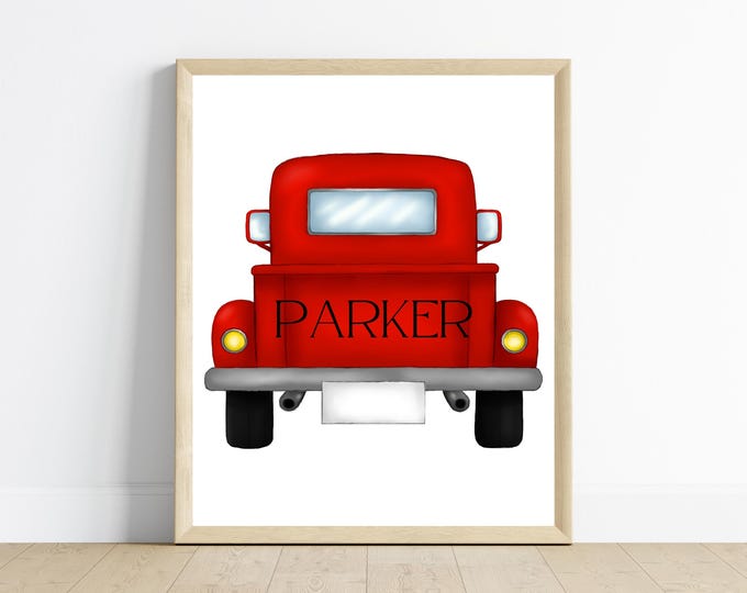 red vintage antique pick up truck tailgate with name, customizable name, nursery wall art decor, baby boy room, 11x14, digital print