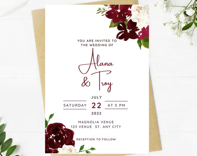 Beautiful Wedding invitation, wine and white floral, Wedding, simple, minimalist, printable, editable, instant download template