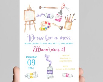 Art Birthday Invitation, Rainbow Paint, Gold Glitter (Instant Download)