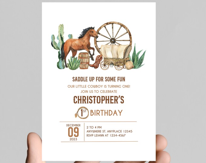 It's my first rodeo first birthday invitation, western, county, cactus, rustic, rodeo, cows, farm, horses, cowboy boots, first birthday boy