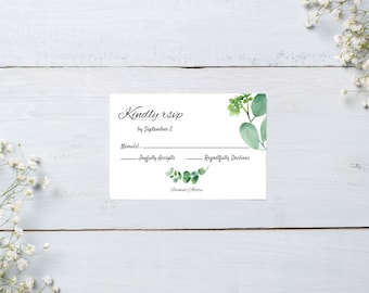 kindly RSVP card, eucalyptus, greenery, RSVP for weddings, see matching invitation in my shop