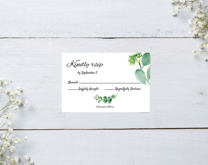 kindly RSVP card, eucalyptus, greenery, RSVP for weddings, see matching invitation in my shop