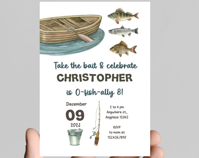 Fishing theme birthday invitation, fisherman,  fish, fishing, water, birthday boy