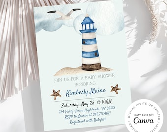 Lighthouse Nautical Baby Shower Invitation for Baby Boy,  Sailboat, Seafarer, Ocean Theme Newborn, Instant Download, Digital Printable