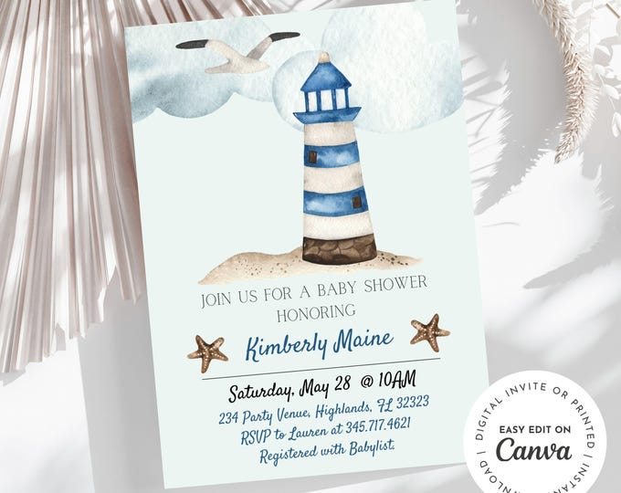 Lighthouse Nautical Baby Shower Invitation for Baby Boy,  Sailboat, Seafarer, Ocean Theme Newborn, Instant Download, Digital Printable