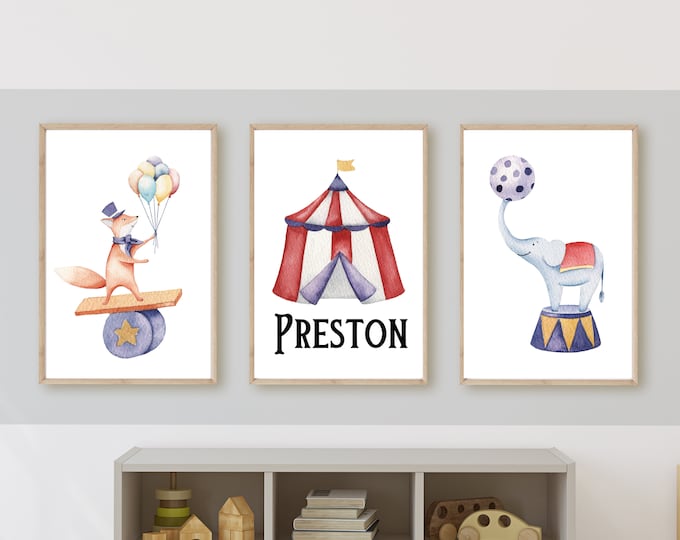 Vintage circus theme for baby boy nursery wall art or room decor, circus tent, circus animals, balloons, 11x14, set of 3 digital downloads