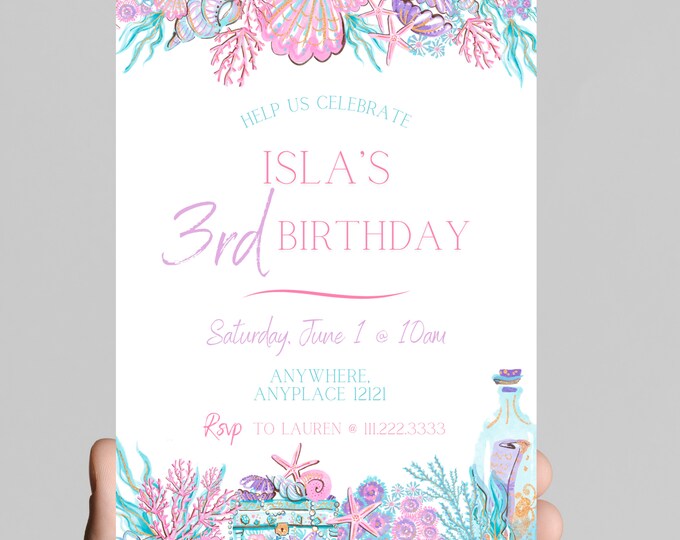 Mermaid and seashells theme girl birthday party invitation, sea shells, little mermaid tails, treasure, starfish, watercolor,age is editable