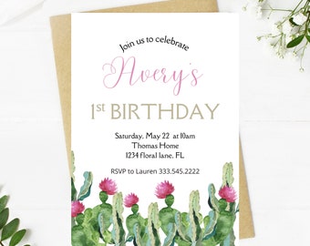 first fiesta birthday party invitation, fiesta, cactus, cactus flower, first birthday party invitation, muticolor