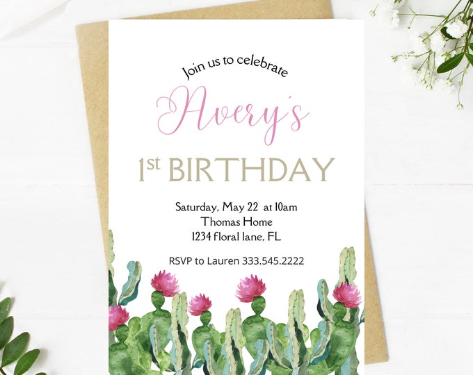 first fiesta birthday party invitation, fiesta, cactus, cactus flower, first birthday party invitation, muticolor