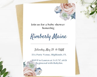 baby shower invitation, baby boy or girl, pink and blue floral, greenery, baby shower, mom to be, minimalist