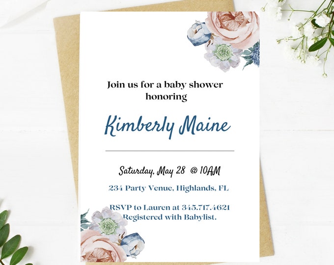 baby shower invitation, baby boy or girl, pink and blue floral, greenery, baby shower, mom to be, minimalist