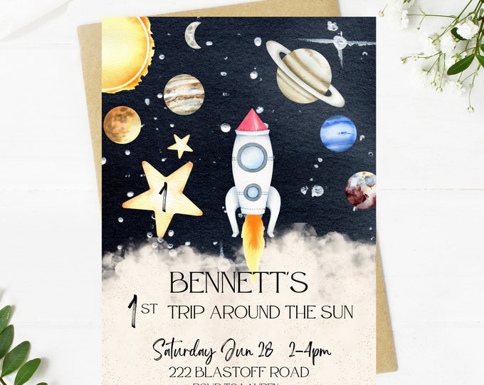 1st First trip around the sun birthday invitation, astronaut, space birthday, trip around the sun, space, rocket ship, solar system birthday