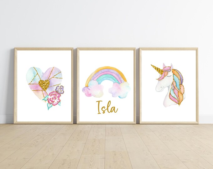 Rainbow unicorn girl’s nursery or bedroom wall art, rainbow and gold, unicorn, 11x14, set of 3 digital downloads included, no frames.