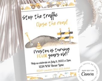 Construction theme Birthday Invitation, Stop the traffic and close the road, dump truck, excavator, bulldozer, dirt, trucks, Construction