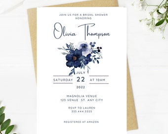 Beautiful navy blue bridal shower invitation, Wedding, simple, minimalist, printable, editable, instant download template