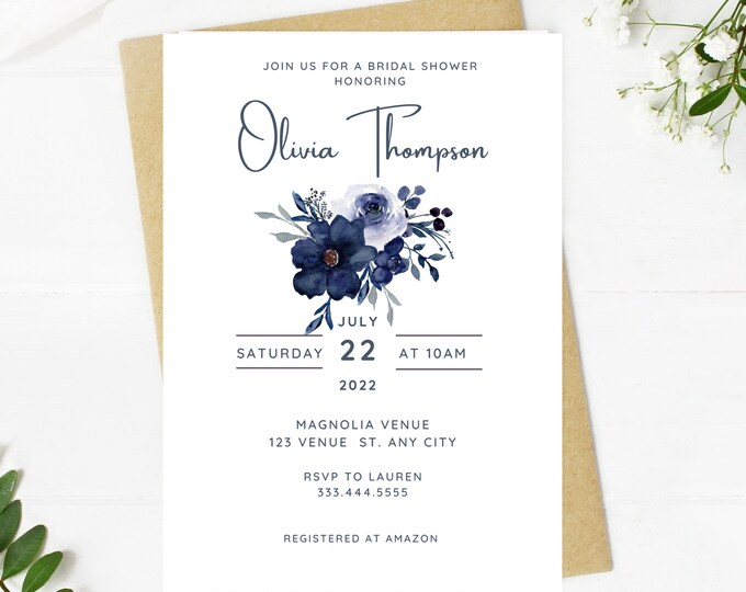 Beautiful navy blue bridal shower invitation, Wedding, simple, minimalist, printable, editable, instant download template