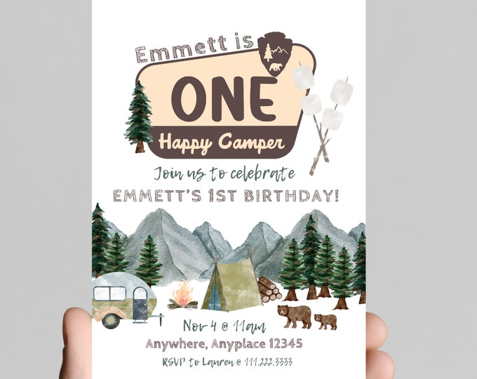 ONE happy camper theme 1st birthday party invitation, camping, camper, adventure, boy first birthday, printable, digital