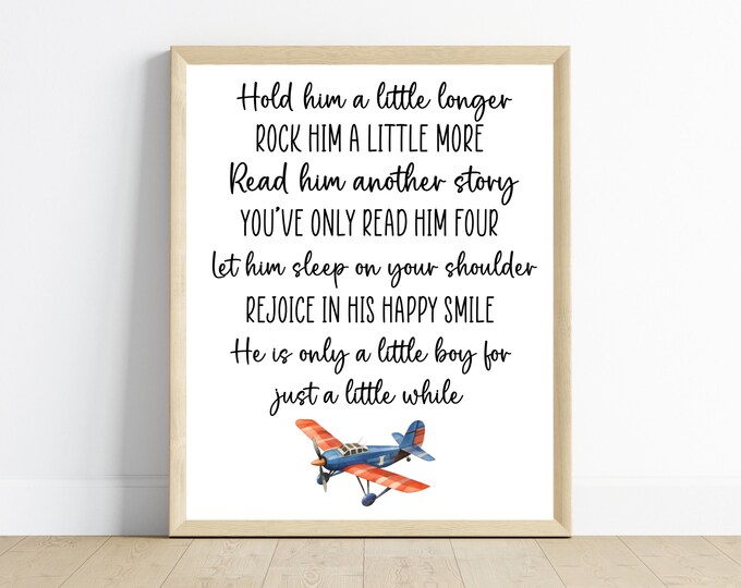 Vintage Airplane boy bedroom wall decor, Hold him a little longer nursery sign, nursery art, one digital download, printable
