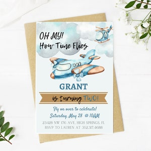 Airplane theme Birthday Invitation, How time flies, First Birthday Party, airplanes, helicopter, aviation, clouds, little boy Birthday