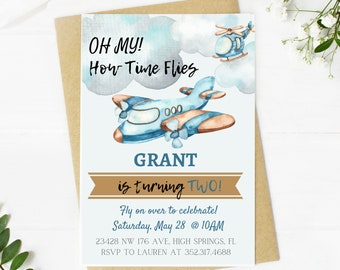 Airplane theme Birthday Invitation, How time flies, First Birthday Party, airplanes, helicopter, aviation, clouds, little boy Birthday