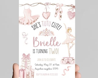 ballet light pink tutu themed birthday party invitation, tutu cute, two two cute, birthday invitation for little girl