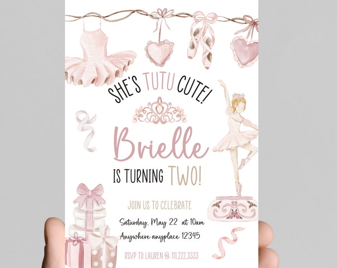 ballet light pink tutu themed birthday party invitation, tutu cute, two two cute, birthday invitation for little girl
