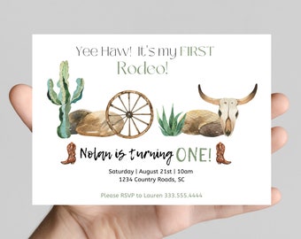 It's my first rodeo first birthday invitation, western, county, cactus, rustic, rodeo, cows, farm, horses, cowboy boots, first birthday boy