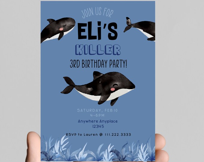 Killer Whale of a  time! theme birthday party invitation, edit to any age, deep sea, ocean