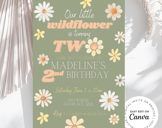 Our little wildflower is turning TWO , daisy, boho, wildflower 2nd birthday invitation themed girl birthday party, digital edit and print