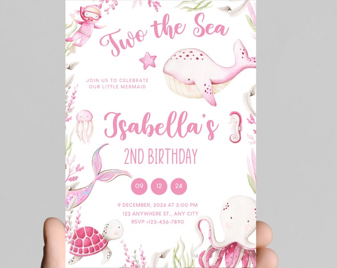 Under the sea theme girl birthday party invitation, pink ocean animals, splish splash, edit to any age, deep sea, ocean