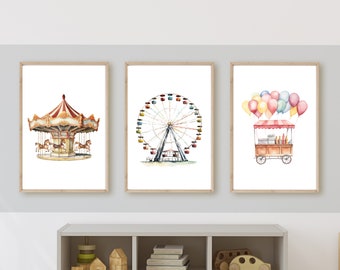 Vintage carnival Farris wheel, amusement park theme for baby nursery wall art or room decor, gender neutral 11x14, set of 3digital downloads