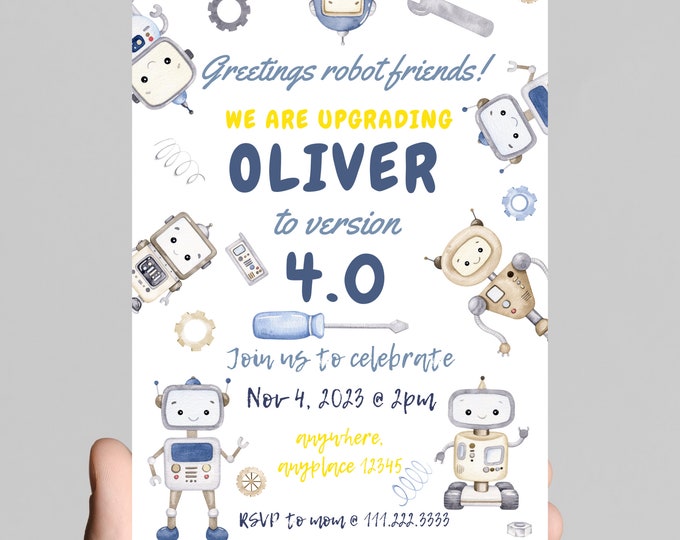 Robot theme Birthday boy Invitation, robots, we are upgrading to version 4.0, robotics, editable age, celebrate the birthday boy, nuts bolts